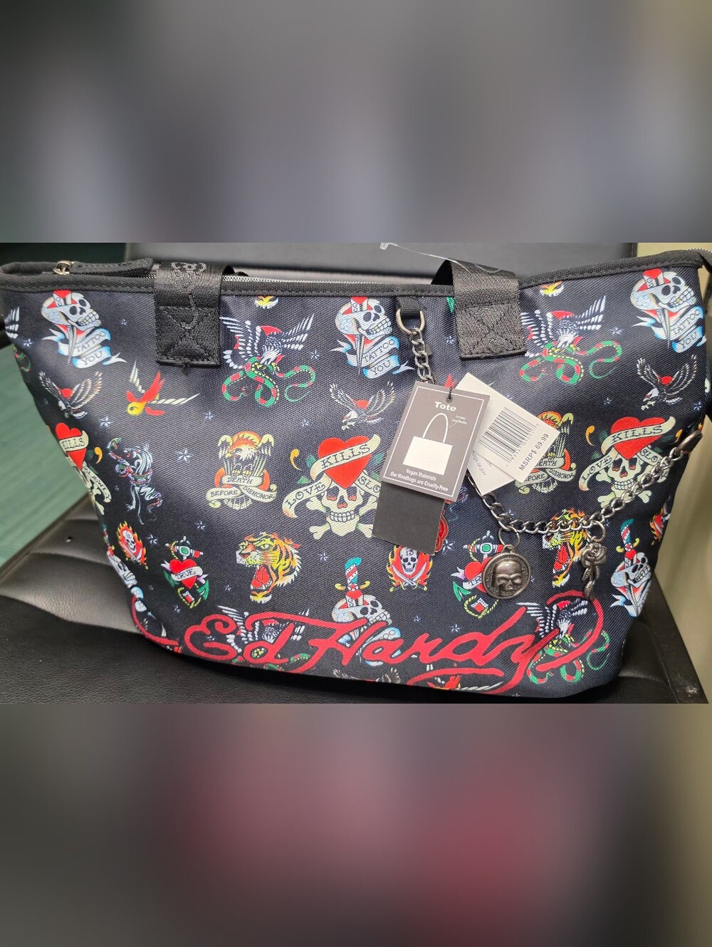 Hottest Rare Ed Hardy Women's Black Tattoo Print Tote Bag with Charm, Zipper